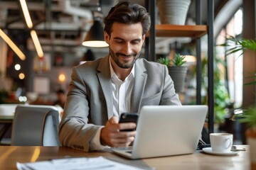 Fototapeta premium Beautiful businessman watching a video on a mobile phone while working in the office.