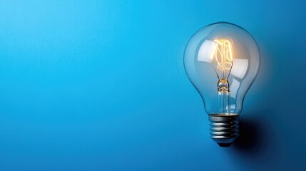 A solitary lightbulb illuminating a blue background with copy space