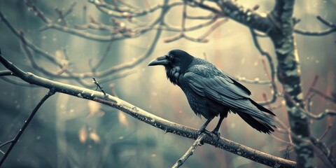 Obraz premium A black raven perched on a branch.
