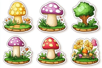 Cartoon Mushroom Stickers with Grass and Flowers