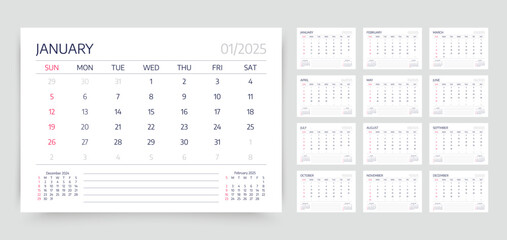 Calendar for 2025 year. Monthly calender organizer. Planner template. Week starts Sunday. Desk schedule grid with 12 month. Vector illustration. Corporate yearly diary layout. Horizontal simple agenda