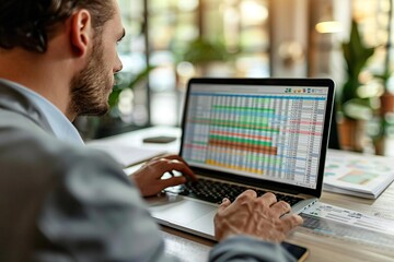 Beautiful businessman working with spreadsheet on laptop in office.
