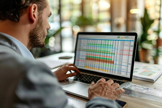 Beautiful businessman working with spreadsheet on laptop in office.