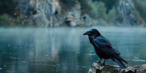 Fototapeta premium Black raven perched on rock by lake.