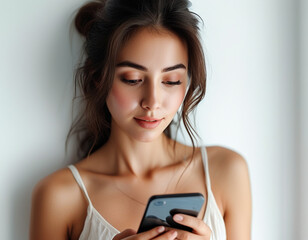 Photo of smiling asian woman with long dark hair holding and using black mobile phone, isolated over white background in studio