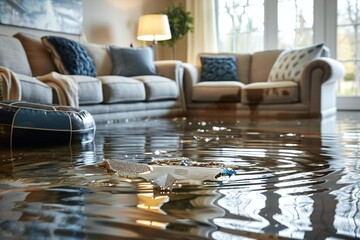 Beautiful close-up of flooded living room floor from water leak, revealing damage to furniture and flooring.