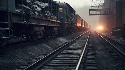 Freight Train Tracks in a Misty Industrial Setting