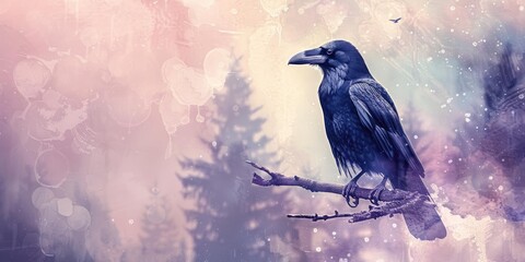 Fototapeta premium A raven perched on a branch against a dreamy backdrop.