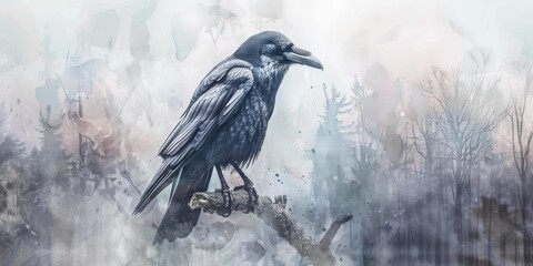 Fototapeta premium Black crow on a branch in a misty forest.