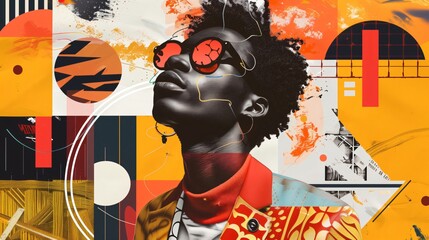 Portrait of a young african american fashionable man combined with modern art collage including geometric shapes, bold colors and different textures; black model in a graffiti style