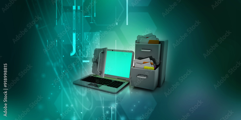 Poster 3d rendering folder on laptop with lock