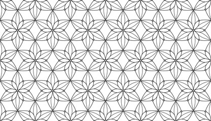 Black and white openwork grid of repeating linear flowers. Monochrome endless texture with abstract floral ornament. Vector seamless pattern for wrapping paper, giftwrap, surface texture and printing