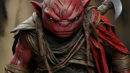 Photorealistic Red Skinned Goblin in Medieval Armor with Large Ears and Fangs in Cinematic Fantasy Setting