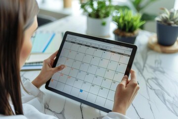Beautiful businesswoman using a calendar on her digital tablet in office.