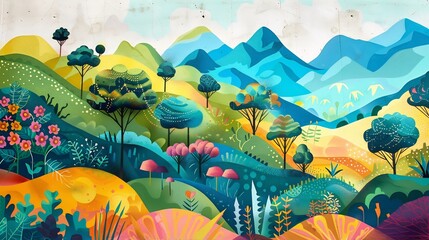 Fototapeta premium Colorful Landscape with Mountains and Trees