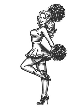 recommend clip art: cheerleader in classic pin-up pose with pom-poms and a playful expression sketch engraving generative ai fictional character raster illustration. Scratch board imitation. Black and white image