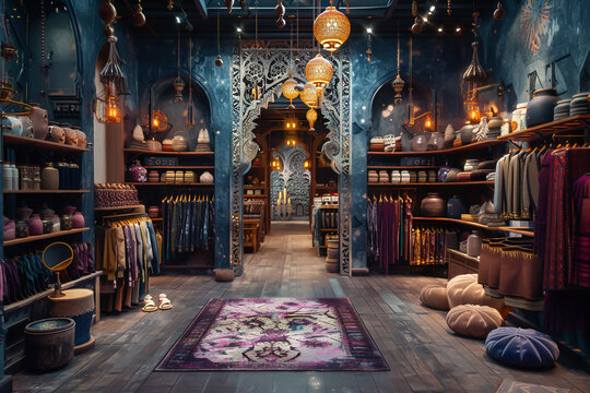 Magical store setting with imaginative elements, featuring enchanted decor in a digital tone, Analogous Color Scheme