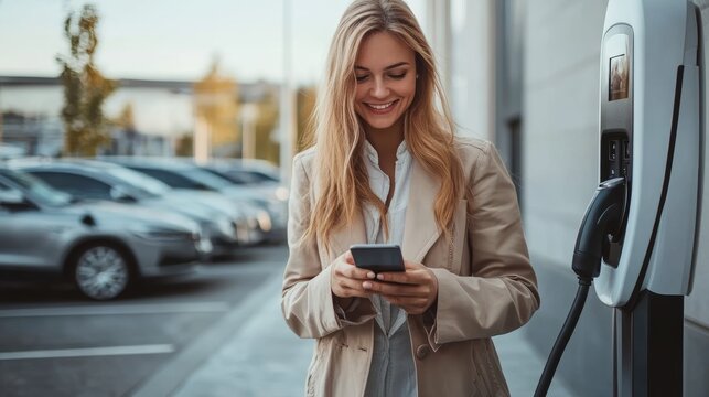 Happy business woman using mobile phone while charging electric car at home, parking lot or EV charging station.