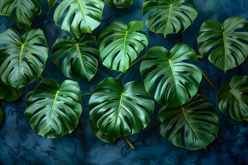 Tropical Green Monstera Leaves on Dark Blue Background, Nature-Inspired Design for Decorative Prints and Posters