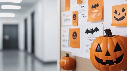 Office bulletin board featuring Halloween-themed promotion flyers and discount details