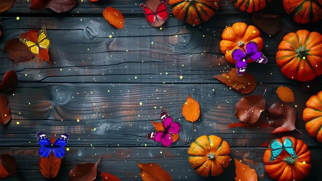 natural autumn border of pumpkins and leaves on wooden background