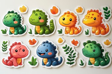 Obraz premium Colorful Cartoon Dinosaur Stickers on White Background