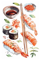 Hand Drawn Japanese Sushi Variation. Watercolor Illustration of Fresh Seafood and Rice on White Background