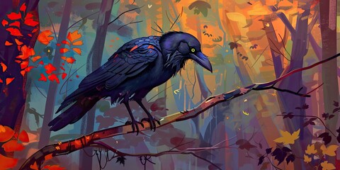 Fototapeta premium Black raven perched on branch in colorful forest.