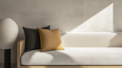 Serene luxury property interior design composition with zen arrangements together with light and shadow interplay. Residential Real Estate interiors with copyspace.