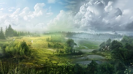 Green Forest Landscape Under a Cloudy Sky