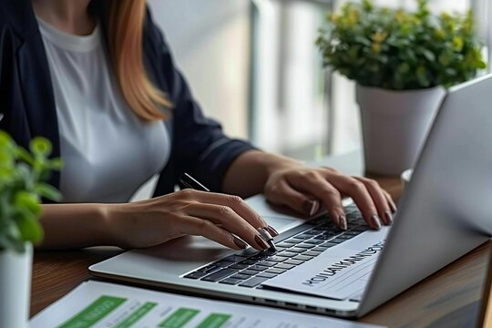 Beautiful businesswoman's hand gracefully filing online registration form on her sleek laptop in the office.