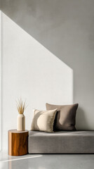 Serene luxury property interior design composition with zen arrangements together with light and shadow interplay. Residential Real Estate interiors with copyspace.