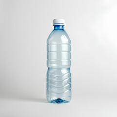 A clear plastic water bottle with a white cap, partially filled, standing against a plain background.