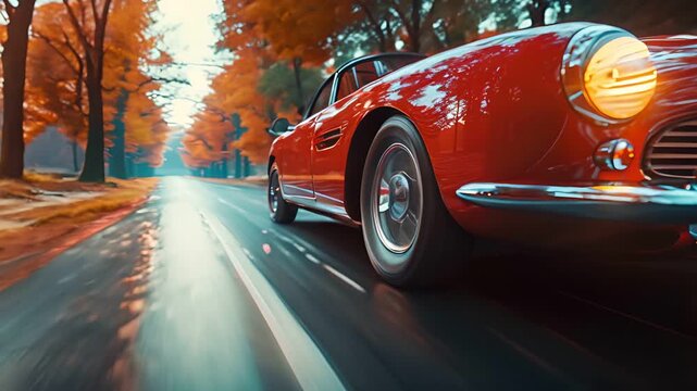 A red classic car speeding down a road with autumn leaves on the ground.  The car's headlights are on and the blur of motion creates a sense of speed.