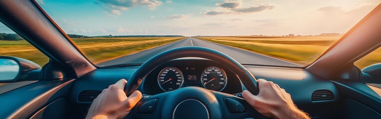 Hands on Wheel Driving Under Sunny Skies Highway Trip