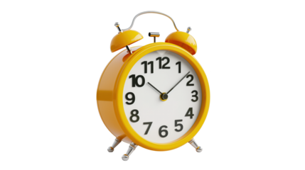 Yellow alarm clock showing time isolated on transparent background	

