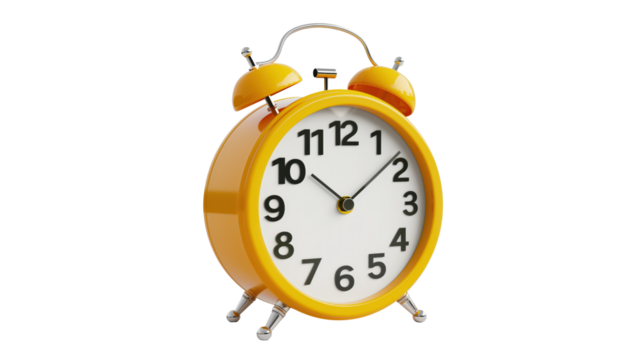 Yellow alarm clock showing time isolated on transparent background	
