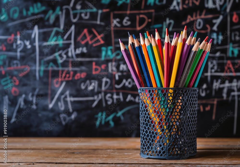 Poster Back to school concept with colorful pencils in a cup and blurred chalkboard in the background