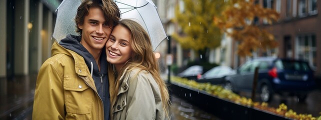 Obraz premium couple in love on the street hugging under the rain