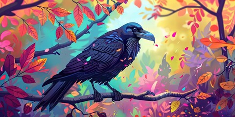 Fototapeta premium A raven perched on a branch in colorful foliage.