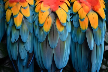 Obraz premium Vibrant Tropical Parrot Feathers Close-Up - Nature, Texture, Exotic Wildlife Photography