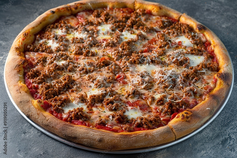 Wall mural close-up ground beef pizza with melted cheese