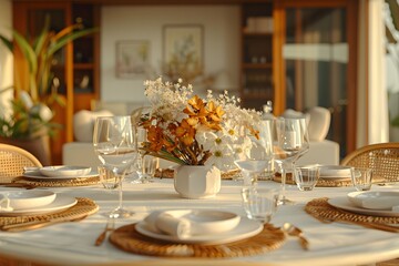 Fototapeta premium Elegant Table Setting With White Flowers and Golden Accents