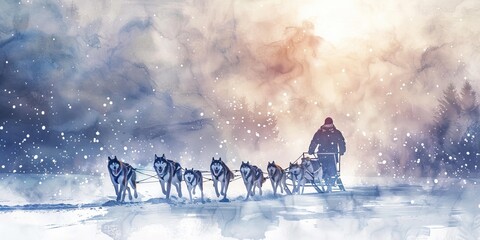 Snowy winter landscape with a dogsled team.