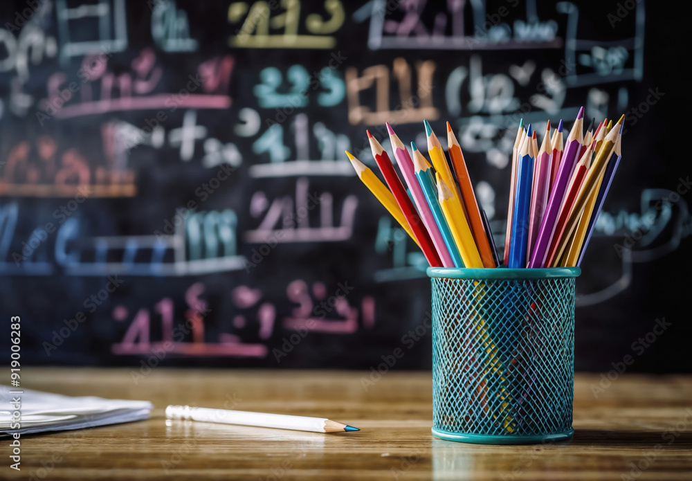 Poster Back to school concept with colored pencils on a teacher's desk in front of a blurred blackboard