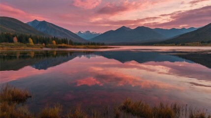 Hand-Painted Altai Mountains: Pink Skies and Mirror-Like Lake at Sunset