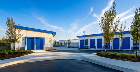 blue and white self storage facility with blue doors, clean, photo realistic, professional photography, beautiful lighting, wide angle lens, wide shot of entire building,