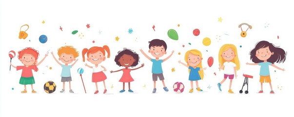 Fototapeta premium Happy kids, group of girls and boys, leisure game, sport equipments, funny illustration, Generative AI