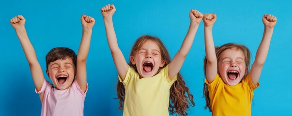 excited kids with closed eyes rejoicing isolated on blue, banner, Generative AI