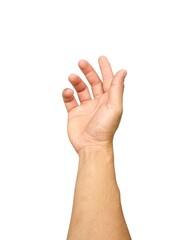 A man's hand raised his hand. It was like he was about to point and act like I was about to pick up something or about to help isolated on white background.